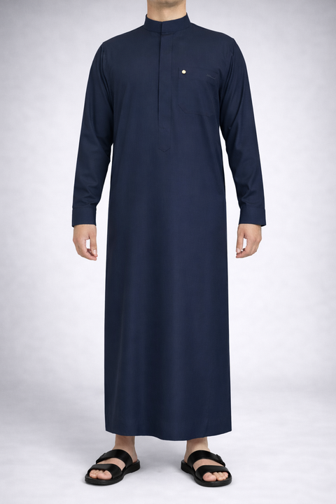 Navy blue men’s thobe UK by Burooj with mandarin collar and chest pocket metal detail