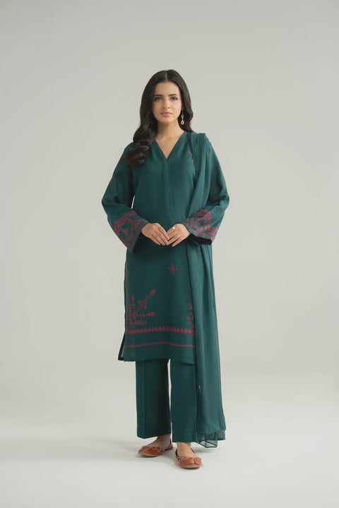 Green Cotton Karandi Embroidered Suit 3 Piece