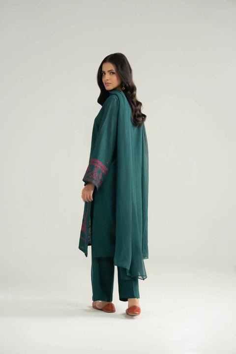 Green Cotton Karandi Embroidered Suit 3 Piece