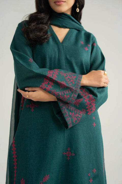 Green Cotton Karandi Embroidered Suit 3 Piece