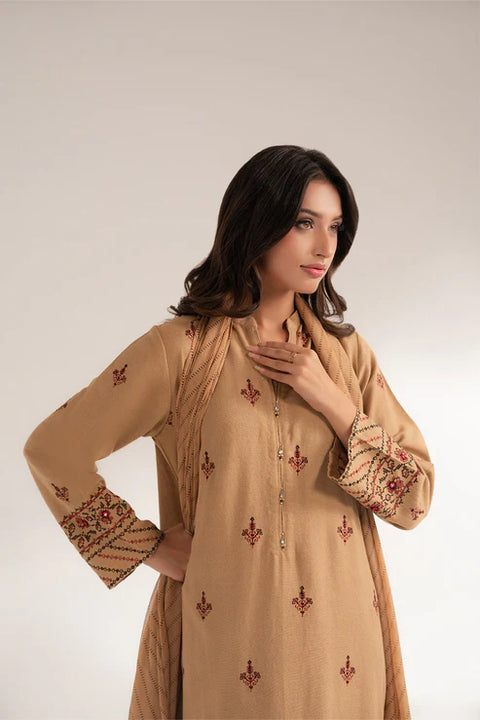 Beige 3 Piece Cotton Karandi Embroidered 3pc