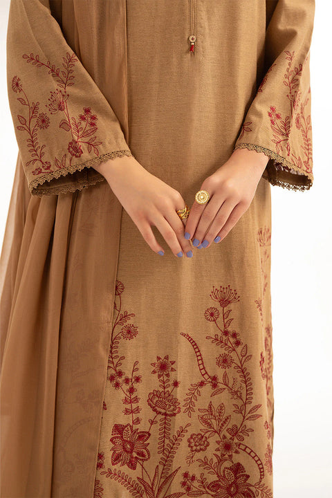 Beige Cotton Karandi Embroidered 3 Pc suit