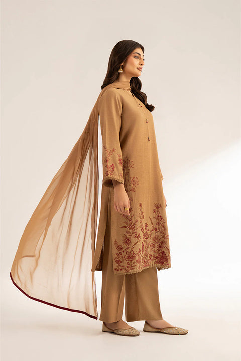 Beige Cotton Karandi Embroidered 3 Pc suit