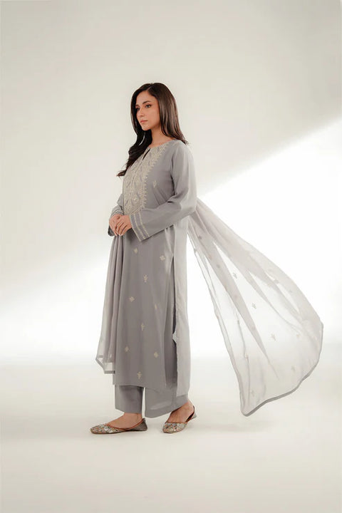 Grey 3 Piece Lawn Karandi Embroidered Suit 3pc