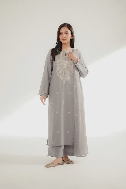 Grey 3 Piece Lawn Karandi Embroidered Suit 3pc