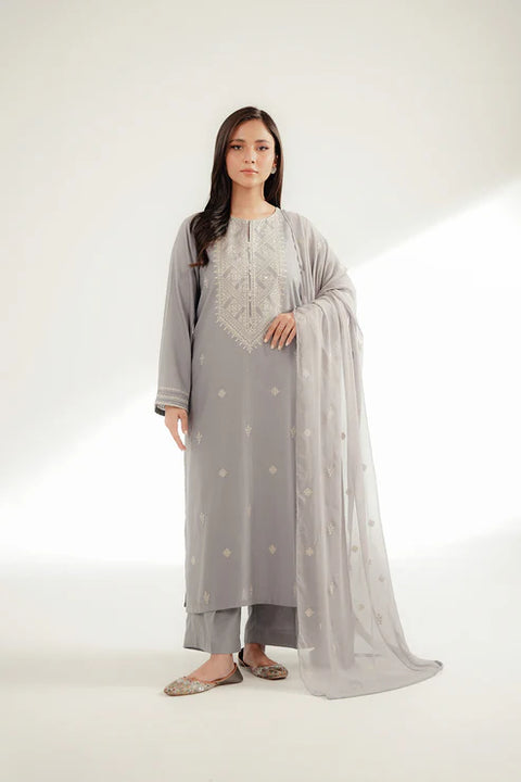Grey 3 Piece Lawn Karandi Embroidered Suit 3pc