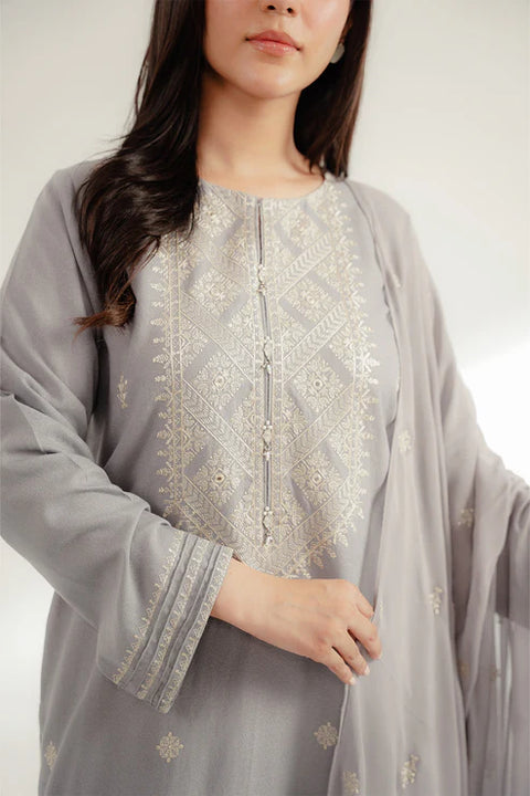 Grey 3 Piece Lawn Karandi Embroidered Suit 3pc