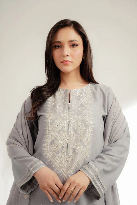 Grey 3 Piece Lawn Karandi Embroidered Suit 3pc