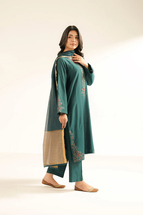 Teal Green 3 Piece Cotton Silk Embroidered Suit