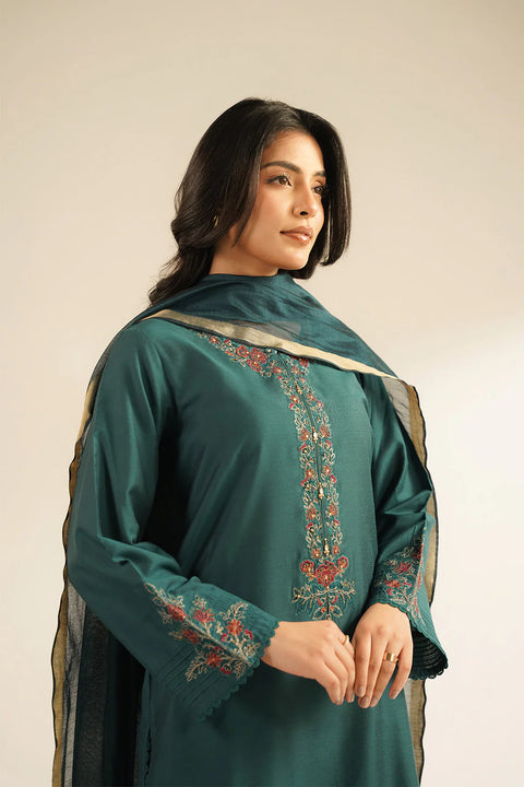 Teal Green 3 Piece Cotton Silk Embroidered Suit