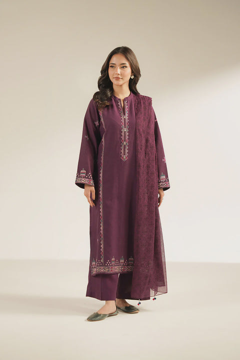 Purple 3 Piece Cotton Karandi Embroidered Suit