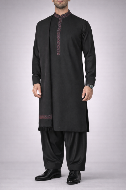 Burooj Black Men's Shalwar Kameez with Shawl - Regular Fit