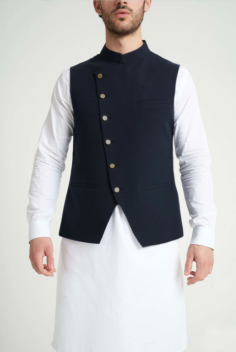 Burooj Man Angle Cut Ink Blue Khaddar Slim Fit Men's Waistcoat