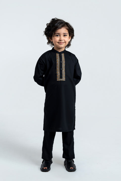 Black Boys Kurta With Embroidery & Trousers