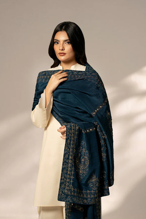 Blue Resham Cotton Embroidered Shawl 1pc
