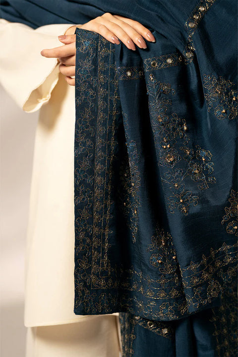 Blue Resham Cotton Embroidered Shawl 1pc