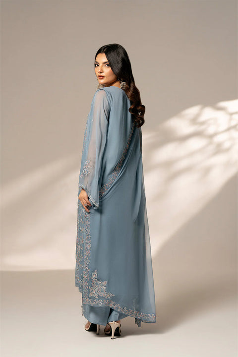 Ash Blue Chiffon Embroidered 3 Pc Shirt/trouser/dupata