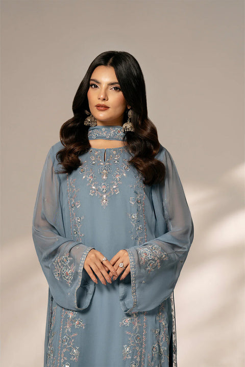 Ash Blue Chiffon Embroidered 3 Pc Shirt/trouser/dupata