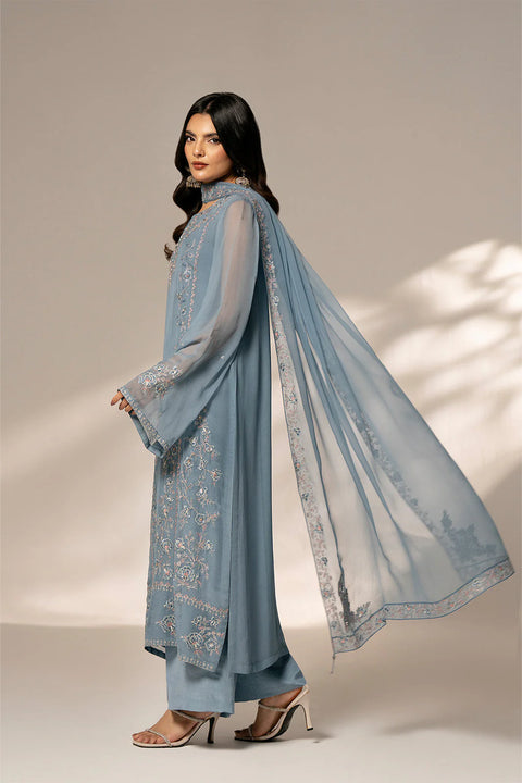 Ash Blue Chiffon Embroidered 3 Pc Shirt/trouser/dupata