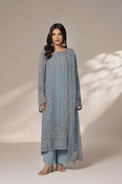 Ash Blue Chiffon Embroidered 3 Pc Shirt/trouser/dupata