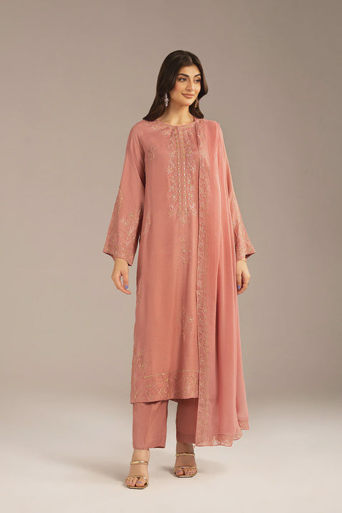 Pink Arri Raw Silk Embroidered 3 Pc