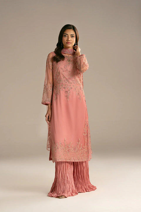 Pink Net Embroidered 3 pc