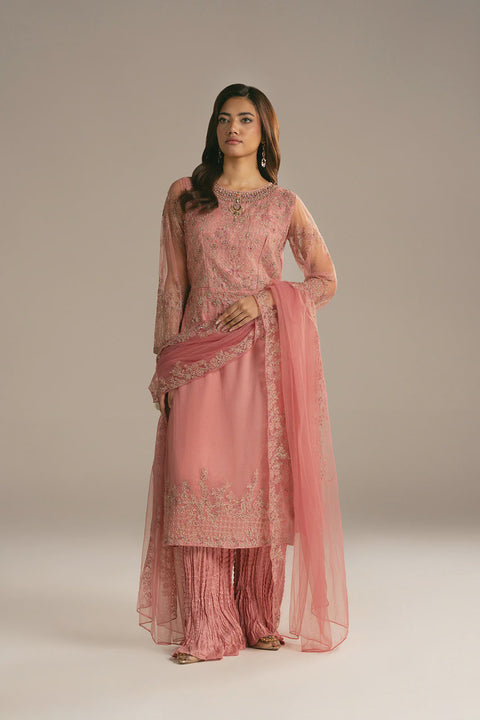 Pink Net Embroidered 3 pc