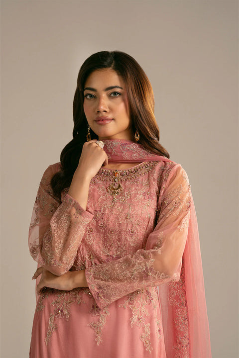 Pink Net Embroidered 3 pc