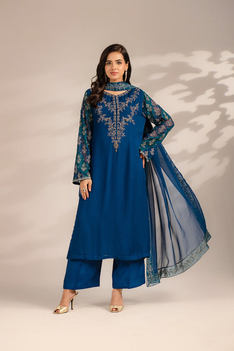Azul Chiffon 3 Piece Chiffon Embroidered Suit