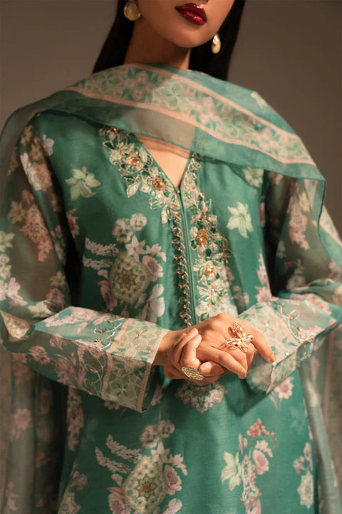 Green 3 Piece Rajo Net Printed Embroidered Suit