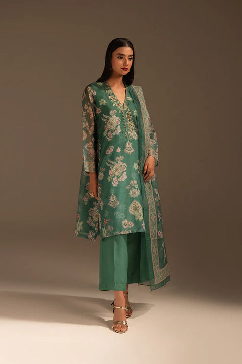 Green 3 Piece Rajo Net Printed Embroidered Suit