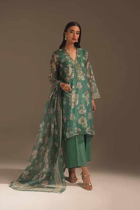 Green 3 Piece Rajo Net Printed Embroidered Suit