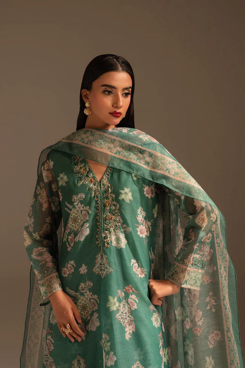 Green 3 Piece Rajo Net Printed Embroidered Suit