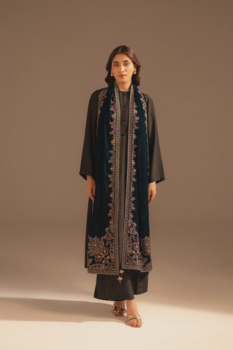 Teal Velvet Embroidered Stole 1pc