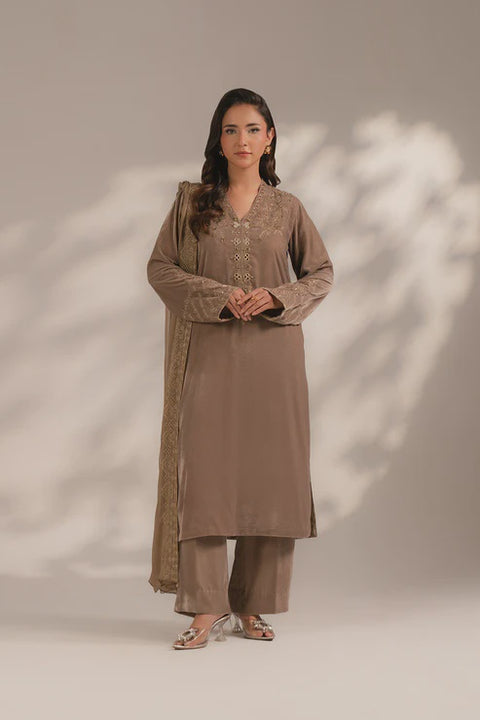 Beige Gold 3 Piece Velvet Embroidered Suit