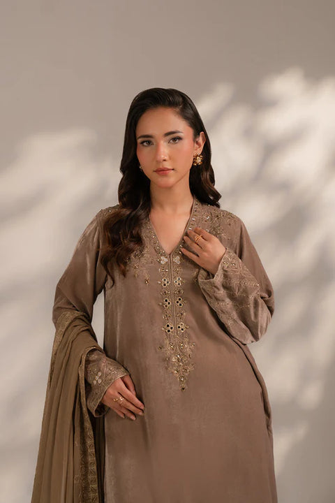 Beige Gold 3 Piece Velvet Embroidered Suit