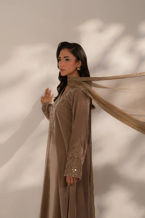 Beige Gold 3 Piece Velvet Embroidered Suit