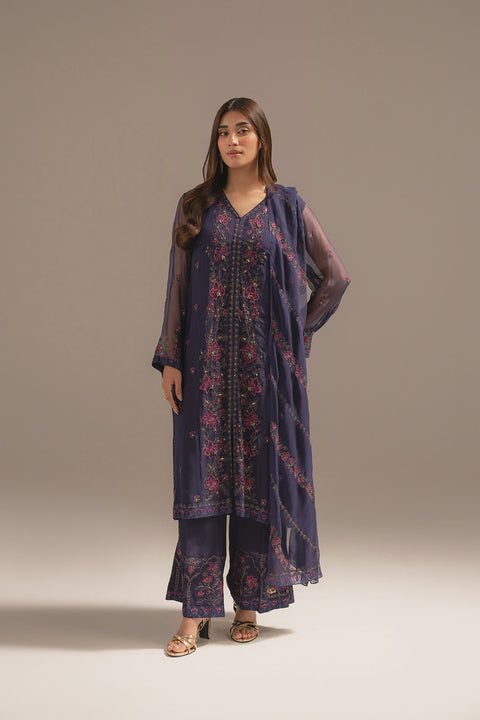 Indigo 3 Piece Chiffon Embroidered Suit