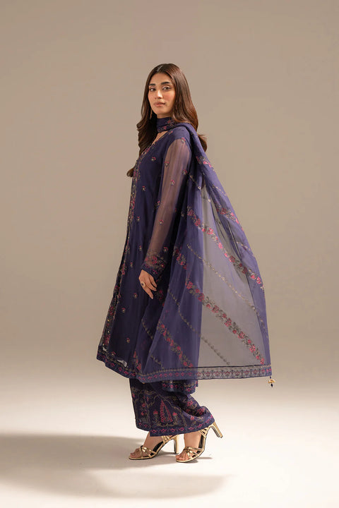 Indigo 3 Piece Chiffon Embroidered Suit