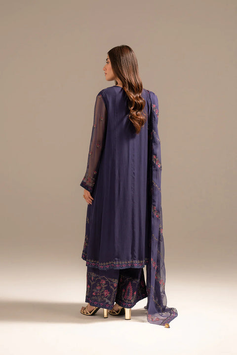 Indigo 3 Piece Chiffon Embroidered Suit