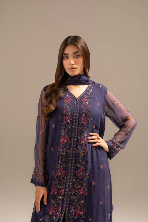 Indigo 3 Piece Chiffon Embroidered Suit