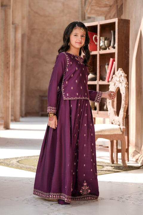Purple Girls Cotton Silk Embellished Top & Lehnga 2pc