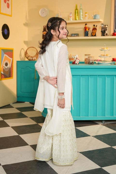 Off White Grils Silk Embellished Kameez & Embroidered Gharara With Dupatta 3pc
