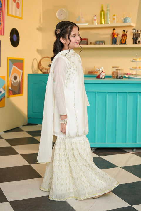 Off White Grils Silk Embellished Kameez & Embroidered Gharara With Dupatta 3pc