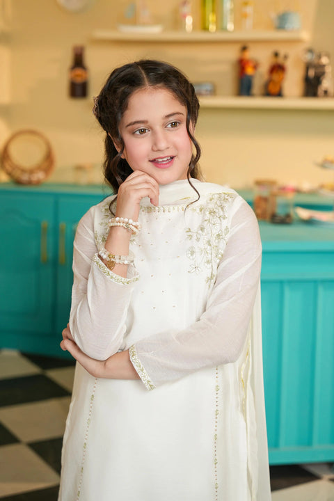 Off White Grils Silk Embellished Kameez & Embroidered Gharara With Dupatta 3pc