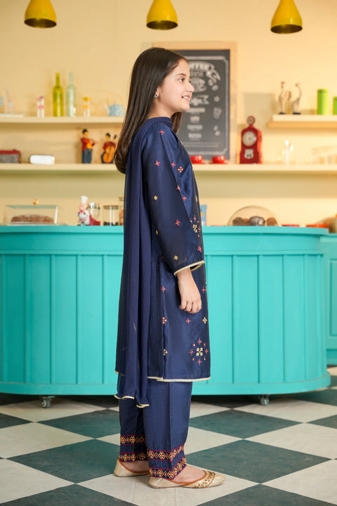 Blue Girls Embellished Kameez & Trousers With Dupatta