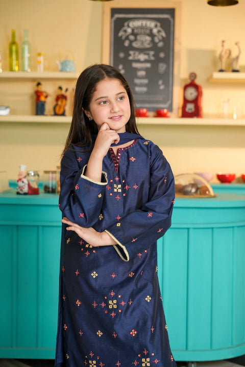 Blue Girls Embellished Kameez & Trousers With Dupatta