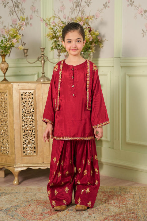 Maroon Girls Embellished Koti , Kameez & Shalwar