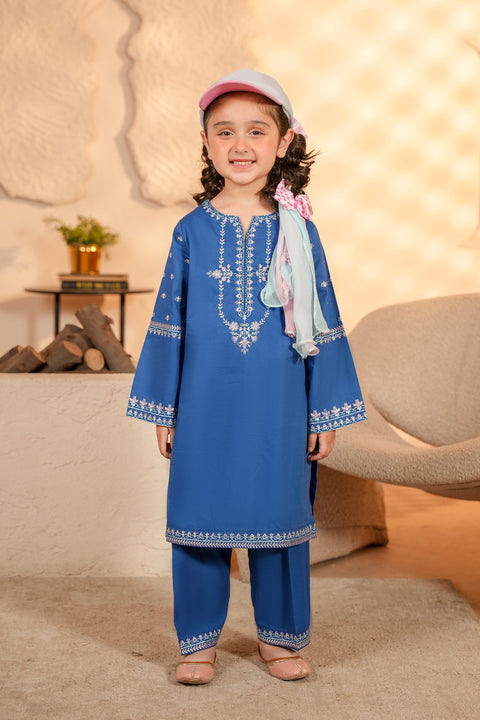 Blue Girls Cotton Embroidered Kameez & Trousers With Dupatta 3 pc
