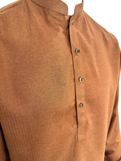 Burooj  Man premium rust kurta trouser set with gold buttons